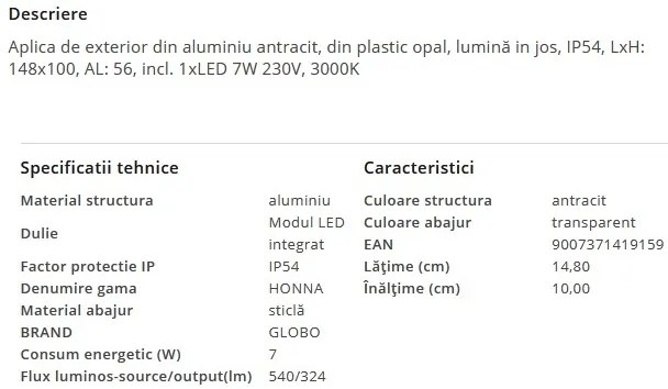 Aplica LED de exterior lumina ambientala jos IP54 HONNA