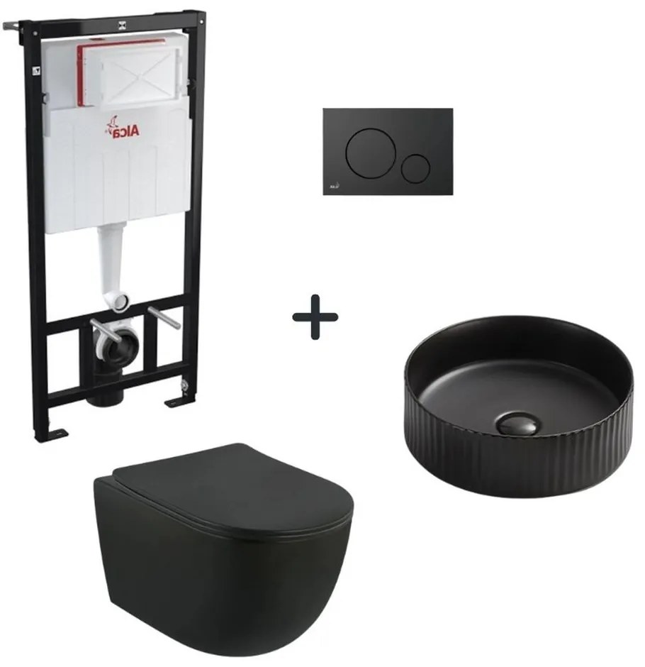 Set vas wc rimless negru cu capac soft close, lavoar rotund cu ventil, plus rezervor incastrat si clapeta de actionare neagra