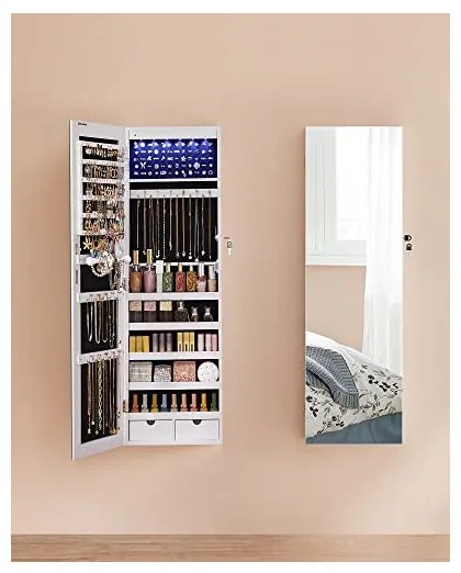 Dulap de bijuterii cu oglinda, Songmics, JJC99WT, Alb, 9,3 x 37 x 107 cm