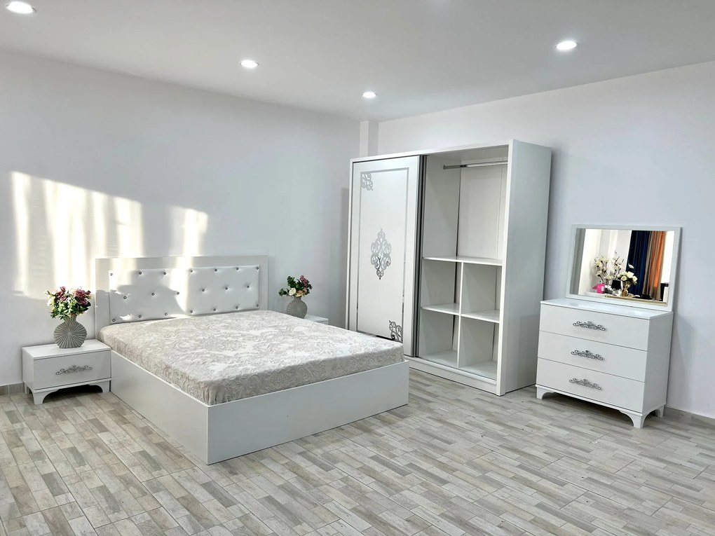 Dormitor Milano, culoare alb, cu pat tapitat 160 x 200 cm, dulap cu 2 usi, comoda cu oglinda, 2 noptiere