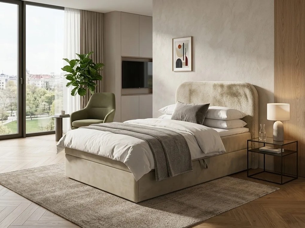 Pat tapițat boxspring FORENA 90x200 cm crem Saltea: Saltea cu arcuri Bonell