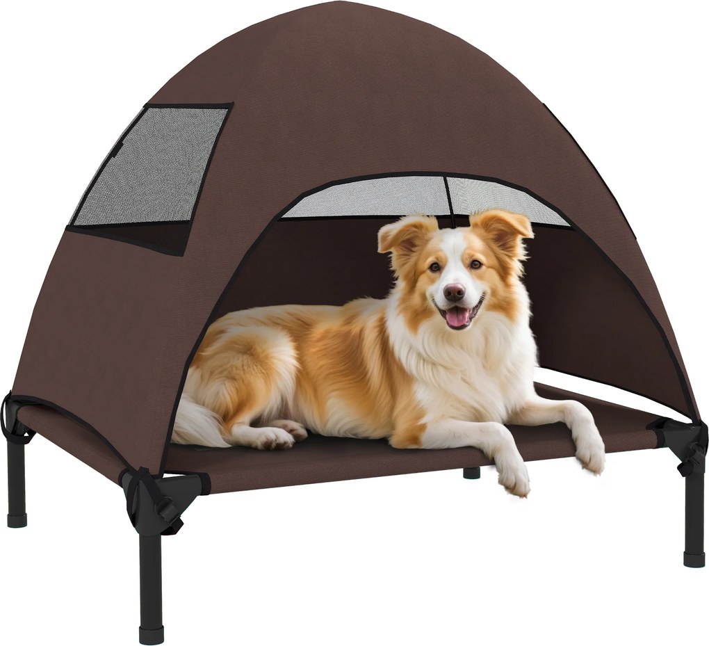 PawHut Cușetă pentru câini de exterior cu acoperiș, pat ridicat pentru câini de talie medie, 76 x 61 x 71cm, Cafea | Aosom Romania