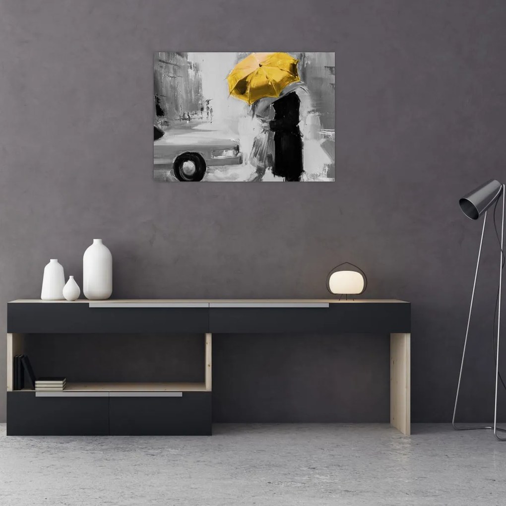 Tablou pe sticlă - Cuplu în dragoste sub o umbrelă, galben (70x50 cm)