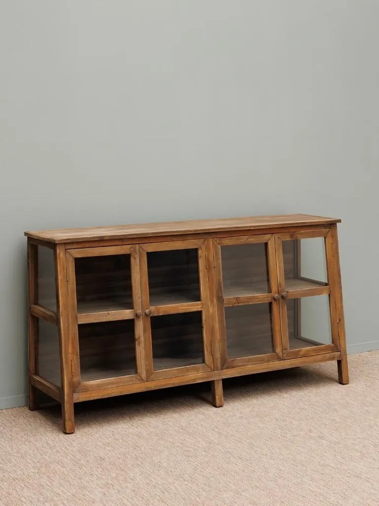 Bufet rustic din lemn, natur, cu 4 uși vitrate și laterale din sticlă, 81 x 153 x 44 cm, „Laval”