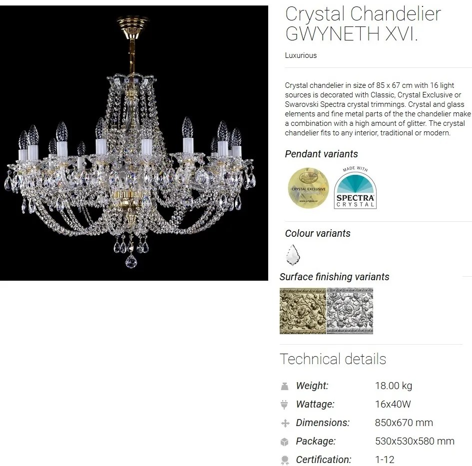 Candelabru Cristal Bohemia Exclusive 16 brate, diam. 86cm GWYNETH XVI CE