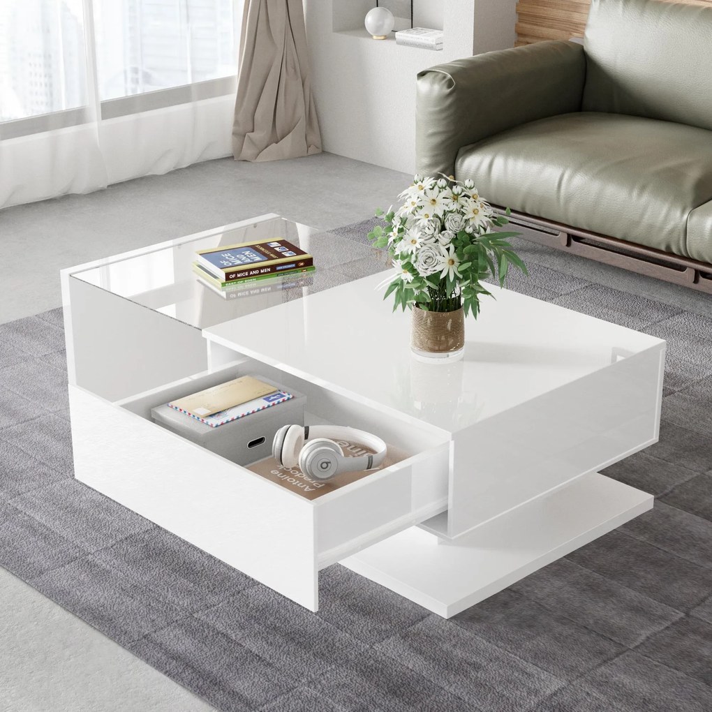 Măsuță de Cafea Modernă cu Raft din Sticlă și Efecte LED, 105x55x32,5 cm, Alb