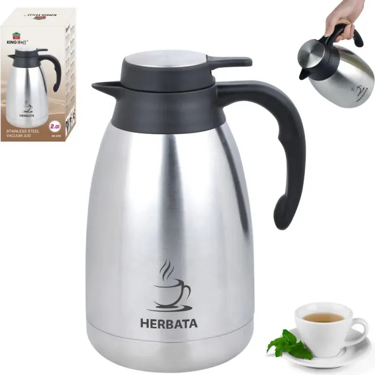 Cană termică de conferință pentru ceai Kinghoff KH 2095, 2 l, pereți dubli, corp din oțel inoxidabil, inox/negru