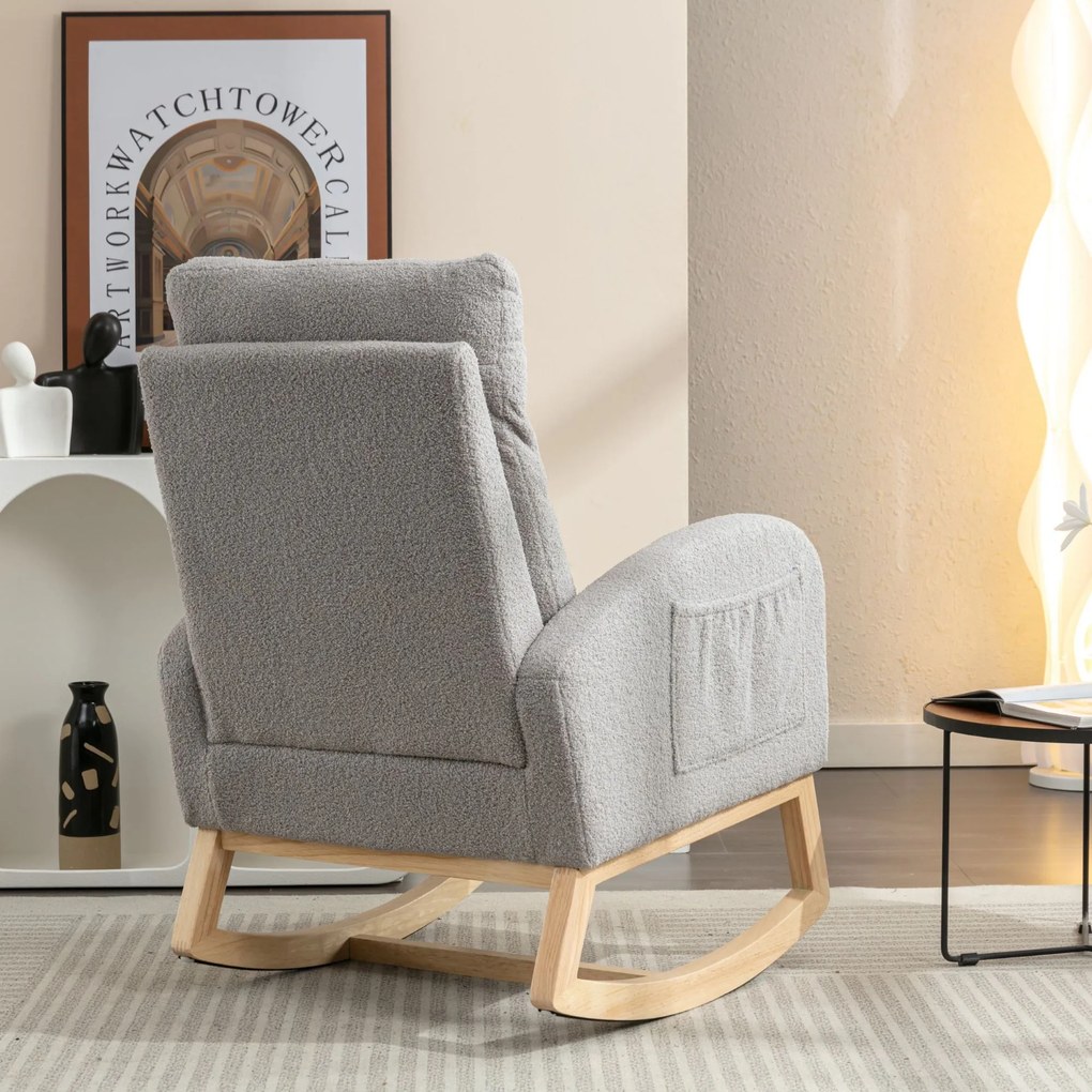 Scaun balansoar modern din material Teddy, cu șezut căptușit și buzunar lateral ascuns, pentru living și dormitor, 71x88x104,5 cm, Gri deschis