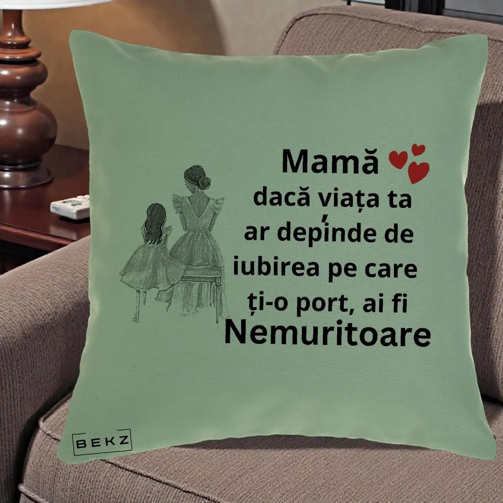 Cadou pentru Mama - Perna Personalizata Mama Nemuritoare Line Art, 40x40 cm, Verde, Husa Detasabila, Perna Inclusa, BEKZ®