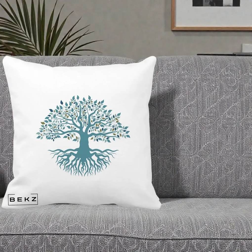 Perna Decorativa Copacul Vietii Teal cu Radacini, 40x40 cm, Alba Mata, Husa Detasabila, Perna Inclusa, BEKZ®