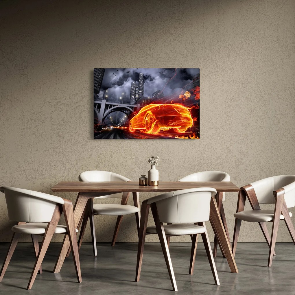 Tablou cu mașina în flăcărată (90x60 cm)