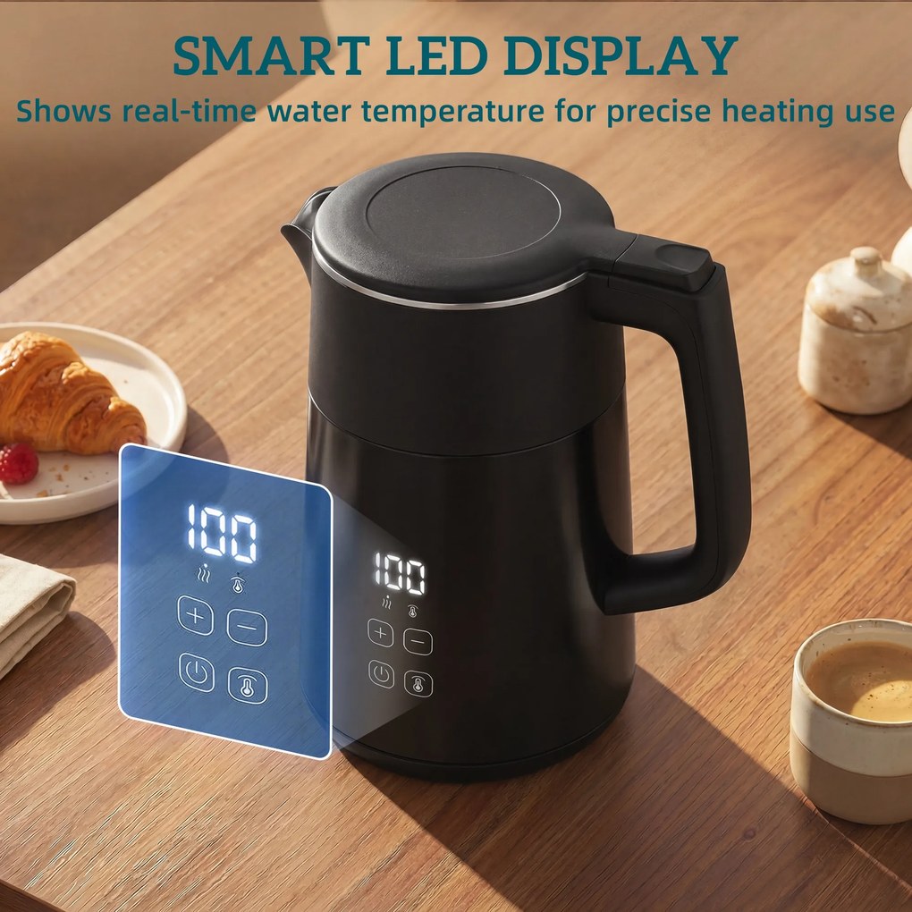HOMCOM Fierbător electric, 1,7L, Încălzire rapidă, 3000W, cu afișaj LED, funcție de menținere la cald, protecție la funcționare în gol, fără PTFE | Aosom Romania
