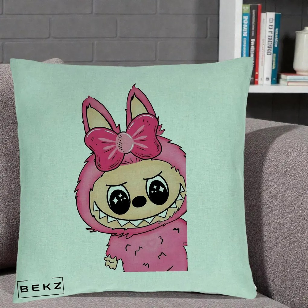 Perna Personalizata Labubu Roz cu Funda, 40x40 cm, Verde Menta, Husa Detasabila, Perna Inclusa, BEKZ®