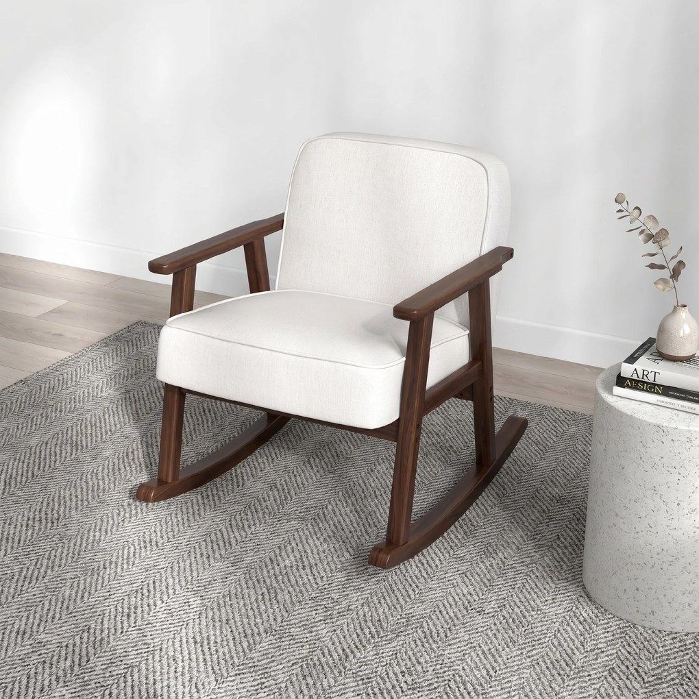 HOMCOM Fotoliu Balansoar pentru Interior din Material Efect In si Lemn cu Cotiere si Perne, 66x78x76 cm, Bej si Maro | Aosom Romania