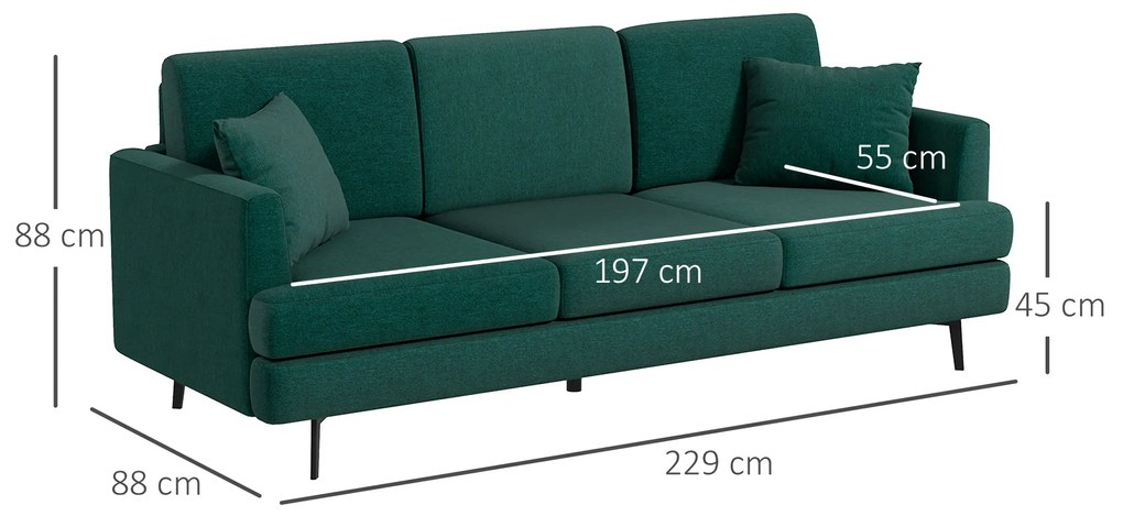 HOMCOM Canapea cu 3 locuri pentru living, canapea din material textil cu 2 perne, verde | Aosom Romania