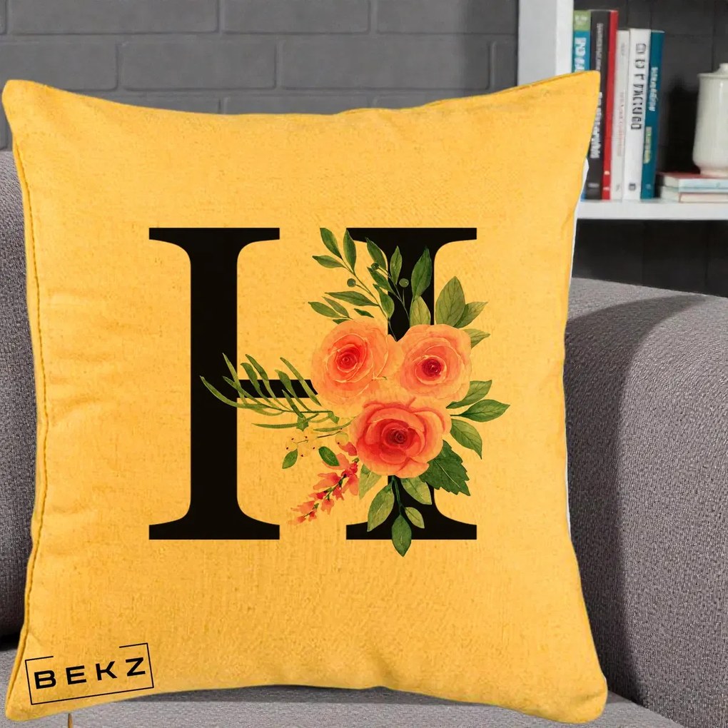 Cadou Personalizat - Perna Personalizata Monograma Florala Litera H cu Trandafiri Roz, 40x40 cm, Galben, Husa Detasabila, Perna Inclusa, BEKZ®