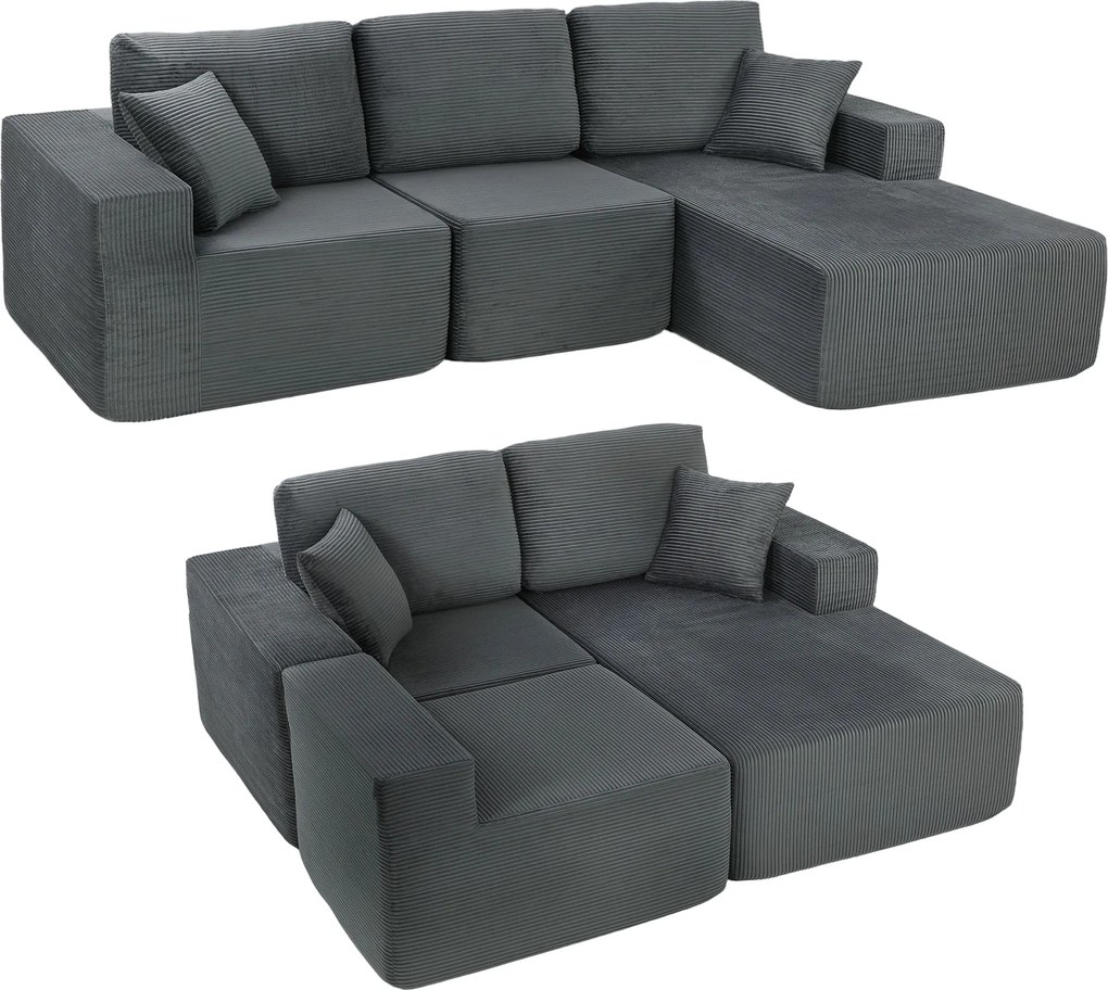 HOMCOM Colțar modular, canapea-pat în formă de L cu șezut adânc, cotiere late, 2 perne, Gri închis | Aosom Romania
