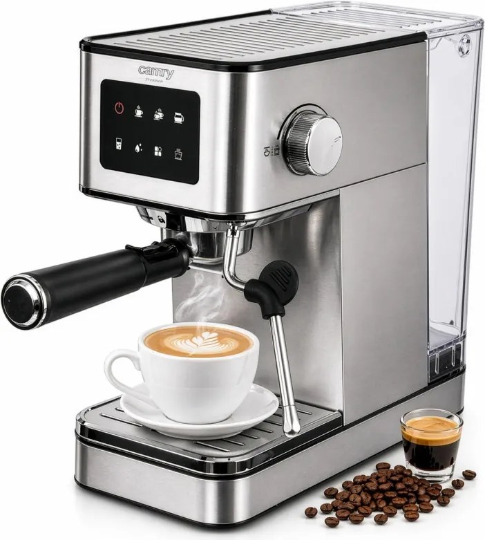 Aparat de espresso 7-în-1 Camry CR 4389, 1200 W, 20 bar, 1,7 l, control PID, panou LCD tactil, încălzire cești, extracție la rece, oțel inoxidabil