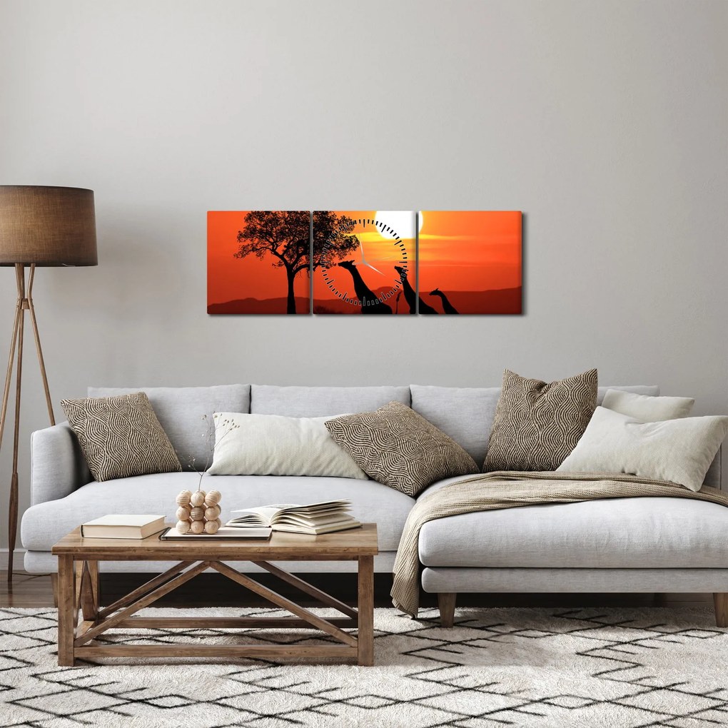 Tablou cu girafe în apus de soare (cu ceas) (90x30 cm)