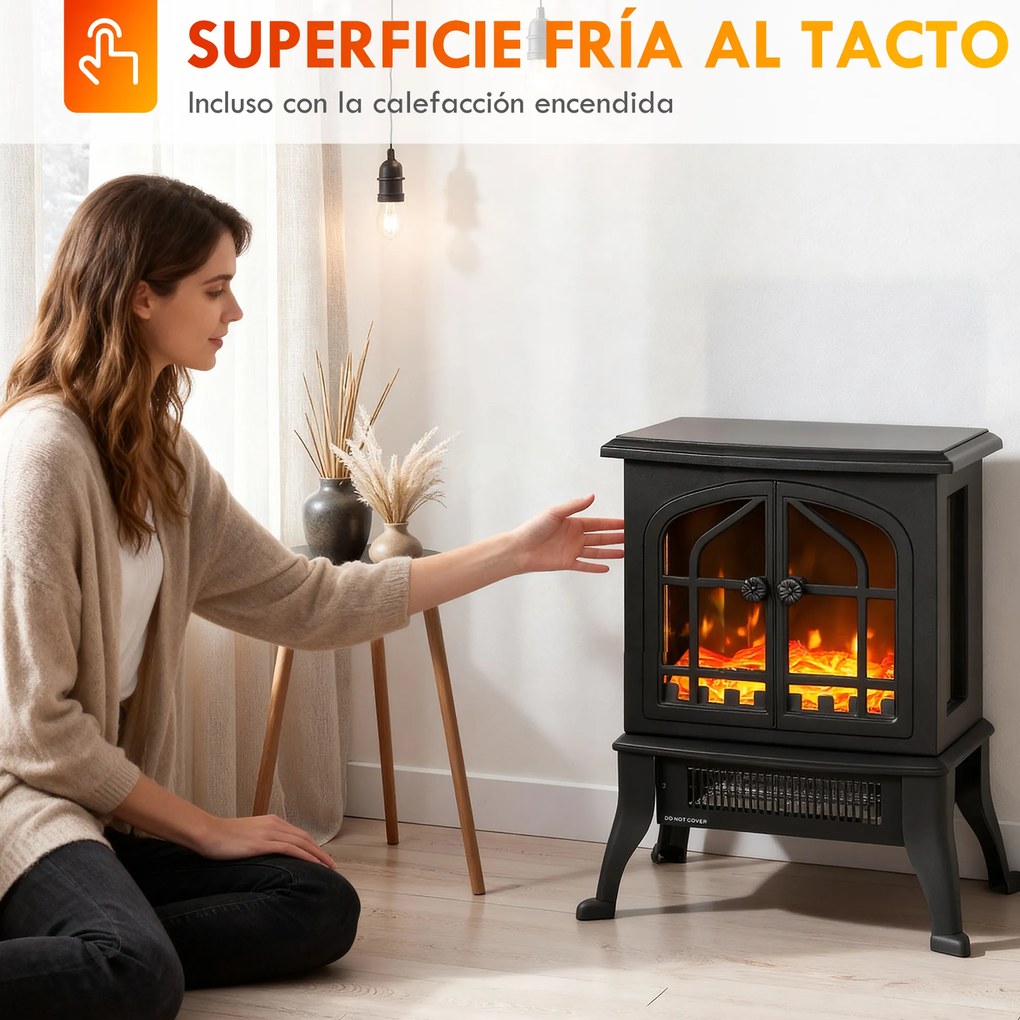 HOMCOM Șemineu Electric de Podea  900/1800W Efect Flăcări 3D Termostat Reglabil Ferestre Vizibile pentru 15-30 ㎡ Negru | Aosom Romania