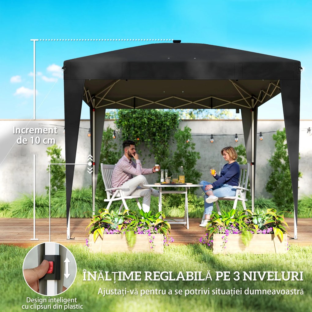 Outsunny Gazebo 3x3 m Pliabil Pop Up cu Înălțime Reglabilă, UV50+, Gazebo de Grădină cu Lumină Centrală și USB, Telecomandă, Geantă de Transport, pentru Exterior, Camping, Petreceri, Negru | Aosom Romania
