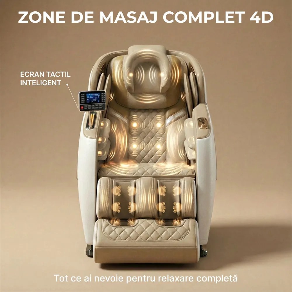 Fotoliu de masaj 4D cu SL-Track, Zero Gravity, incalzire si port USB, Alb/Bej