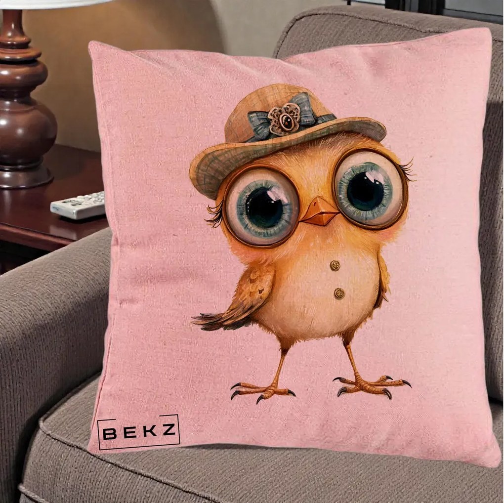 Perna Decorativa Pui Elegant cu Palarie Teal, 40x40 cm, Roz, Husa Detasabila, Perna Inclusa, BEKZ®