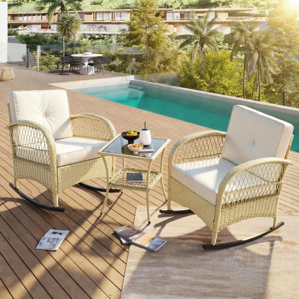 Set de mobilier din rattan pentru balcon (3 piese), 2 scaune balansoar confortabile cu spătar înalt, 80x76x86 cm, Bej