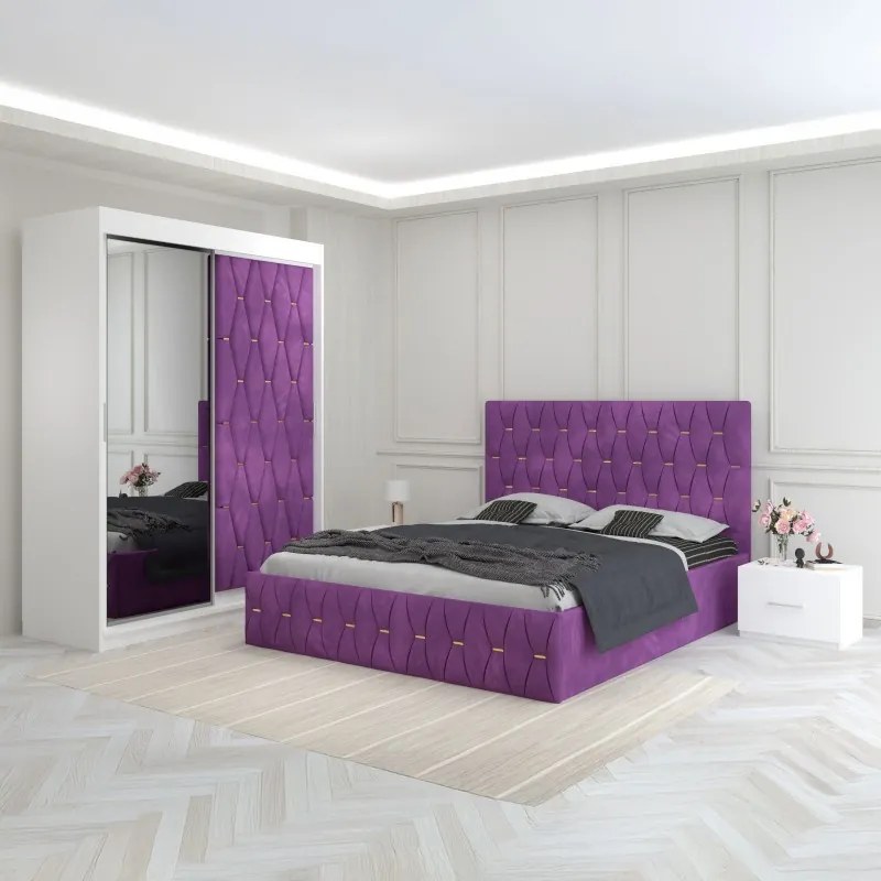 Set Mobila De Dormitor Eric Mov, Usa Tapitata, pat tapitat 160x200cm,  dulap cu oglinda 150x210cm, noptiere