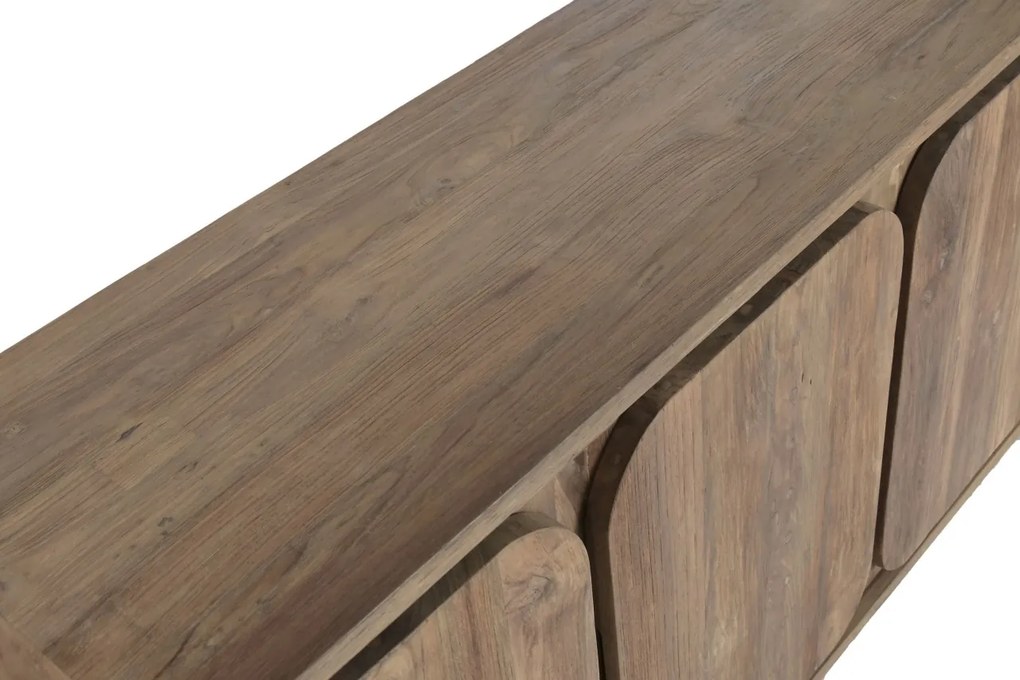 Bufet rustic din lemn de tec reciclat, natur, cu 4 uși cu colțuri rotunjite și picioare din metal negru, 80 x 200 x 45 cm, „Granville”