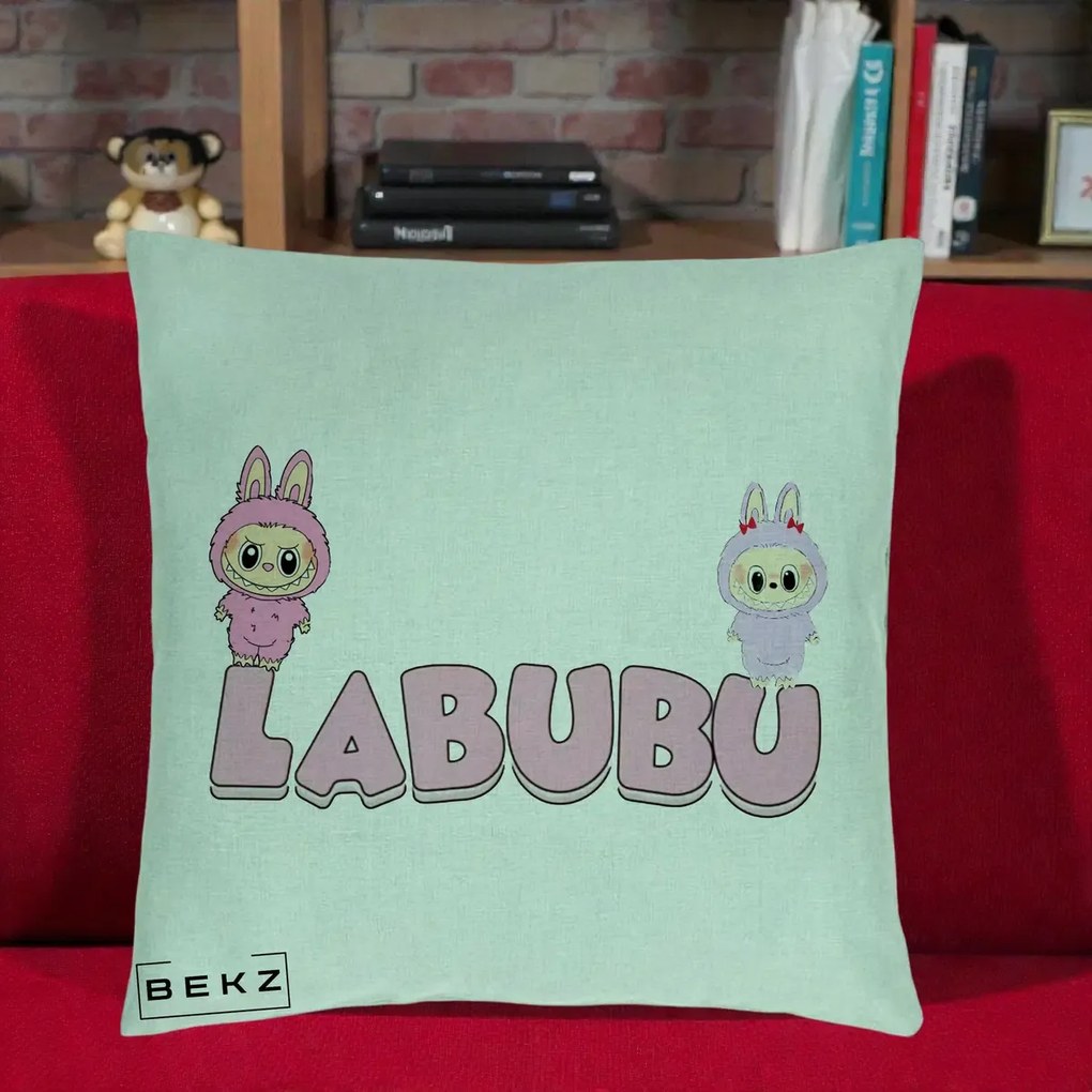 Perna Personalizata Labubu Duo Roz-Lila cu Text, 40x40 cm, Verde Menta, Husa Detasabila, Perna Inclusa, BEKZ®