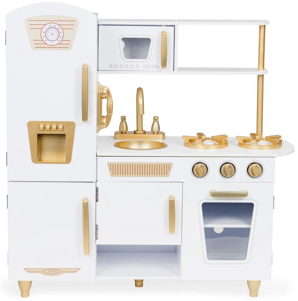 Bucătărie din lemn pentru copii în alb și auriu