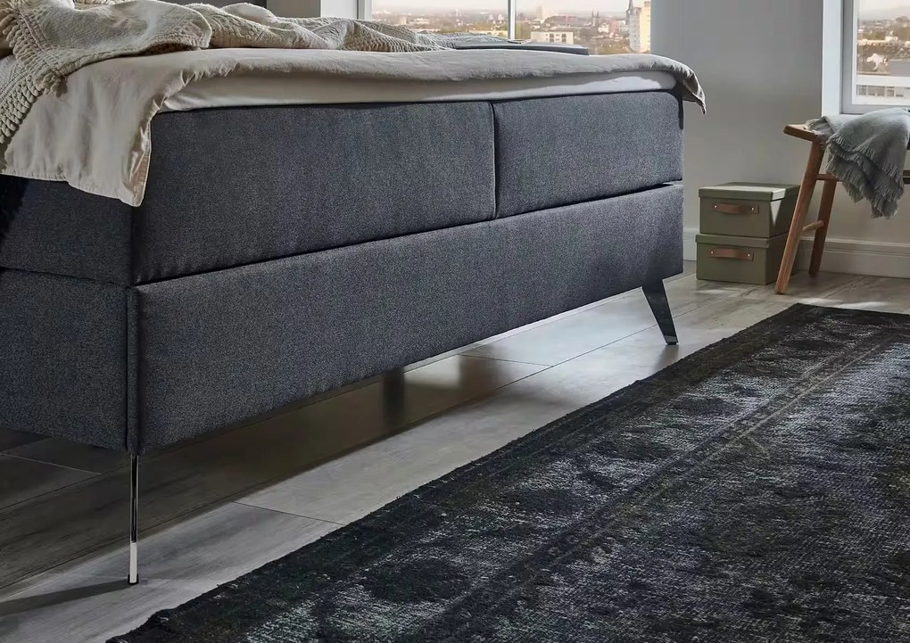 Boxspring 180x200 cm, lada de depozitare, saltele și topper inclus, culoare gri antracit, material țesătură, cu picioare înalte