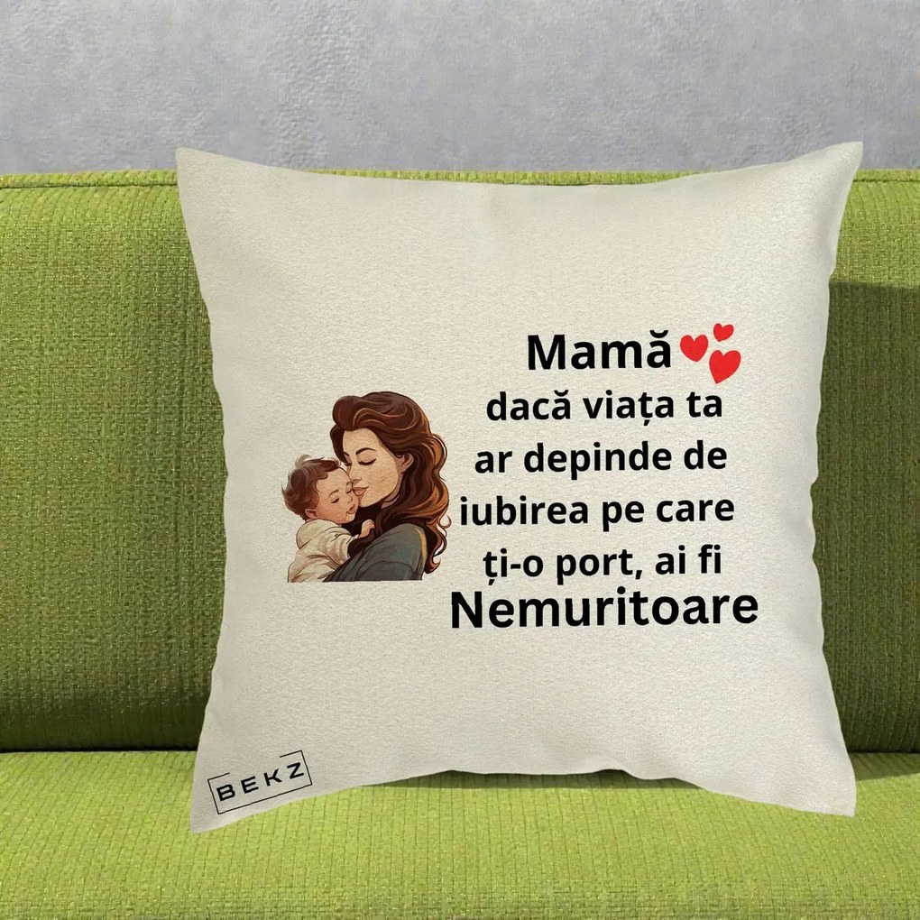 Cadou pentru Mama - Perna Personalizata Mama Nemuritoare cu Bebelus Lineart, 40x40 cm, Ecru, Husa Detasabila, Perna Inclusa, BEKZ®