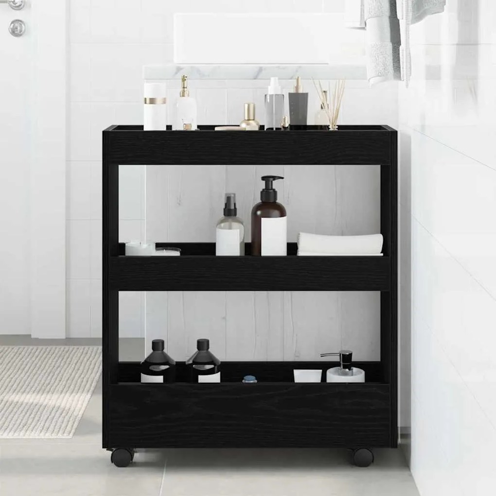 vidaXL Cabinet Strâmt de Baie cu Roți Stejar Negru Lemn Ingineresc