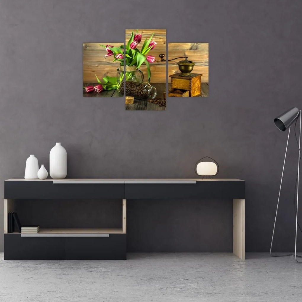 Tablou - lalele, râșniță și cafea (90x60 cm)