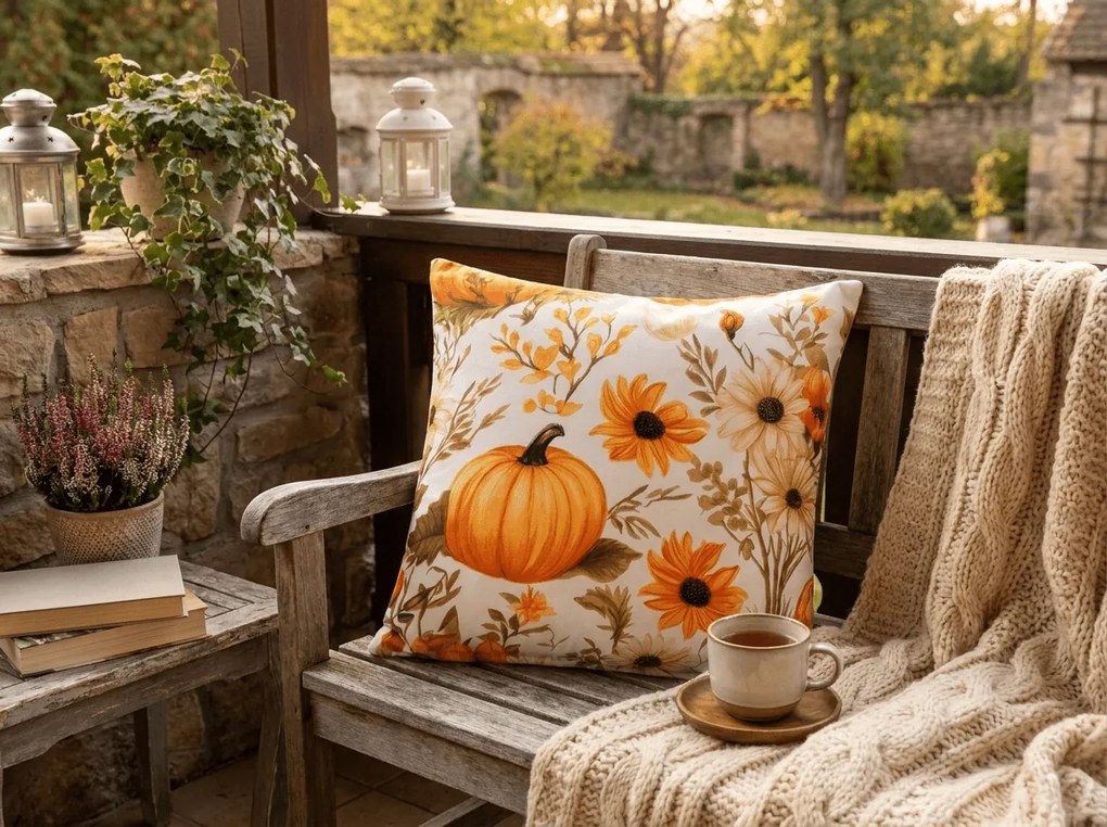 Husa pentru perna din microfibra FLOWERS AND PUMPKINS 45x45 cm, portocaliu