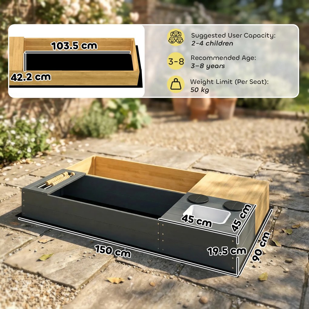 AIYAPLAY Set ladă pentru nisip 2 piese 150x90 cm lemn ladă de nisip cu bancă spațiu depozitare plită chiuvetă detașabilă mărgele abac Galben | Aosom Romania