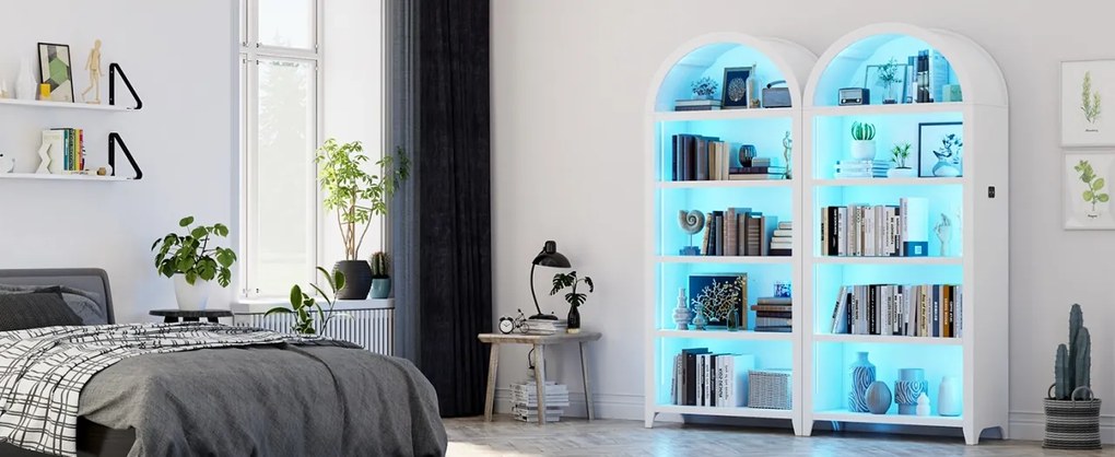 DUA206 - Vitrina LED 75cm, Dulap SMART, rotund pentru birou, Biblioteca Living, Rafturi Dormitor, Dining, Hol - Alb / Negru / Maro