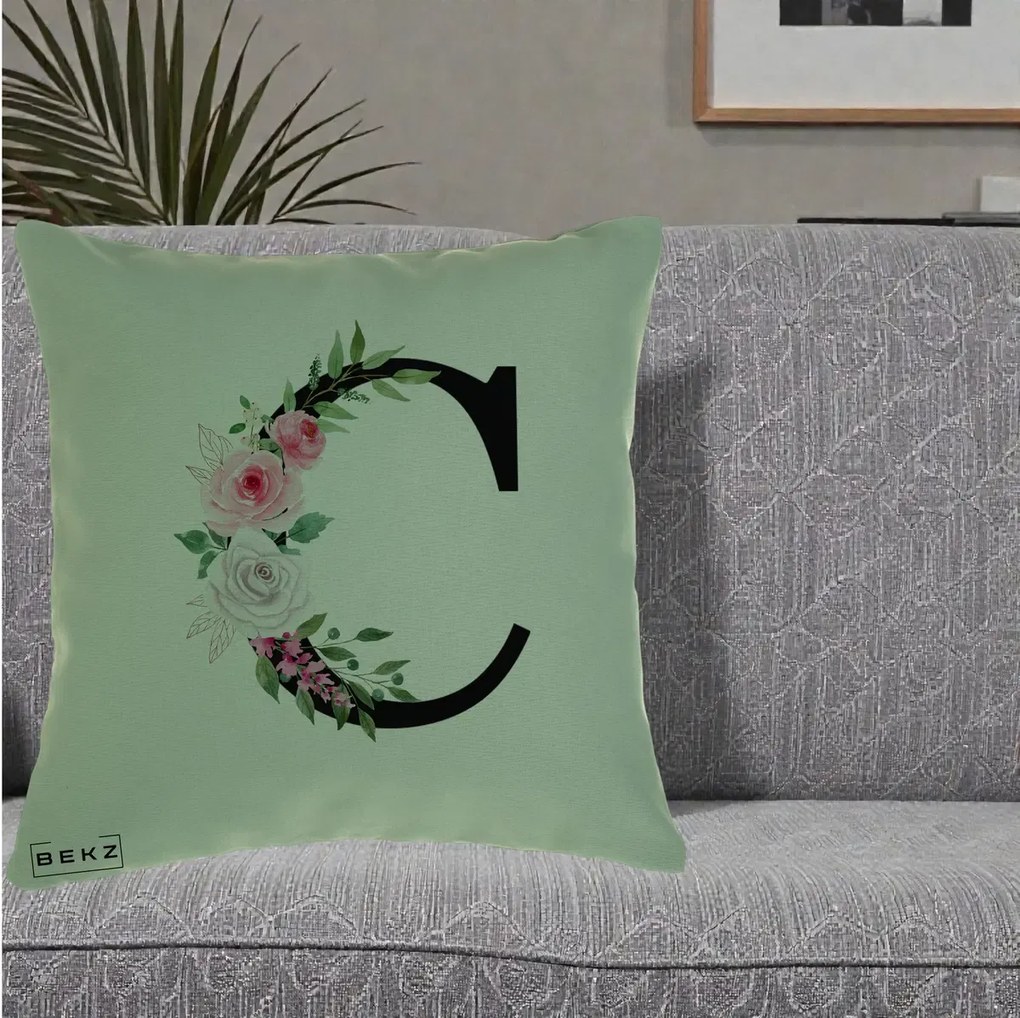 Cadou Personalizat - Perna Personalizata Monograma Florala Litera C, 40x40 cm, Verde, Husa Detasabila, Perna Inclusa, BEKZ®