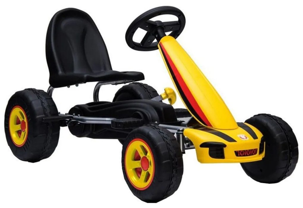 Kart cu pedale pentru copii NOVOKIDS® Fever Kart PRO, Carena, Structura metalica, Frana de mana, Scaun Ajustabil, Mers cu spatele, Galben