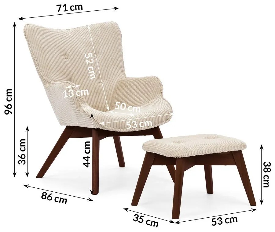 Fotoliu cu taburet bej cu tapițerie din catifea reiată Niko – Ropez