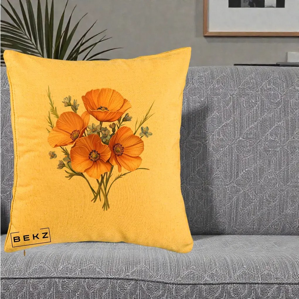 Perna Decorativa Maci Portocalii cu Floricele Albastre, 40x40 cm, Galben, Husa Detasabila, Perna Inclusa, BEKZ®
