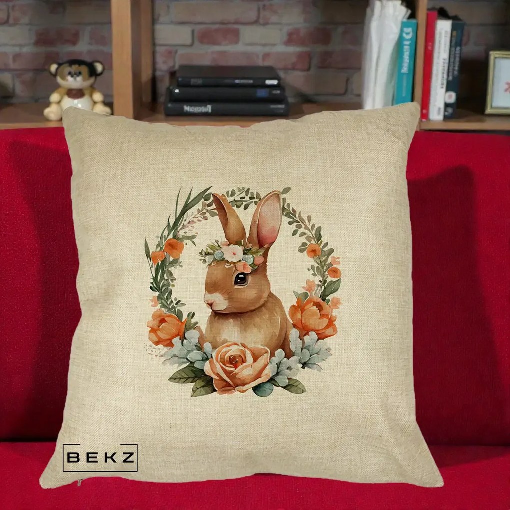 Perna Decorativa Iepuras Floral Coronita Acuarela, 40x40 cm, Crem, Husa Detasabila, Perna Inclusa, BEKZ®