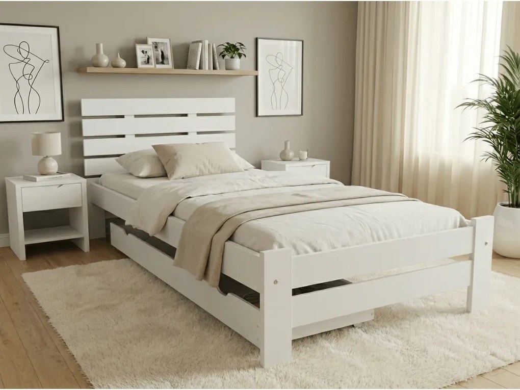 Pat de o persoana inaltat PARIS 80x200 cm, alb Saltele: Cu saltele Sommera 18 cm, Somiera pat: Cu lamele curbate