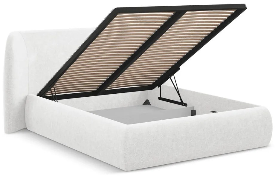Pat matrimonial alb tapițat cu spațiu de depozitare cu somieră 140x200 cm Hauke – Makamii
