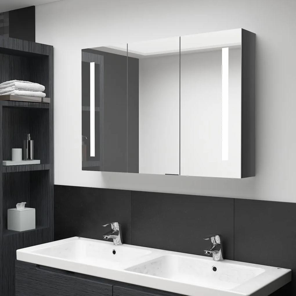 326528 vidaXL Dulap de baie cu oglindă și LED, gri strălucitor, 89x14x62 cm