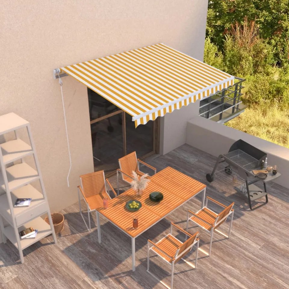 Copertină retractabilă manual, galben și alb, 350x250 cm