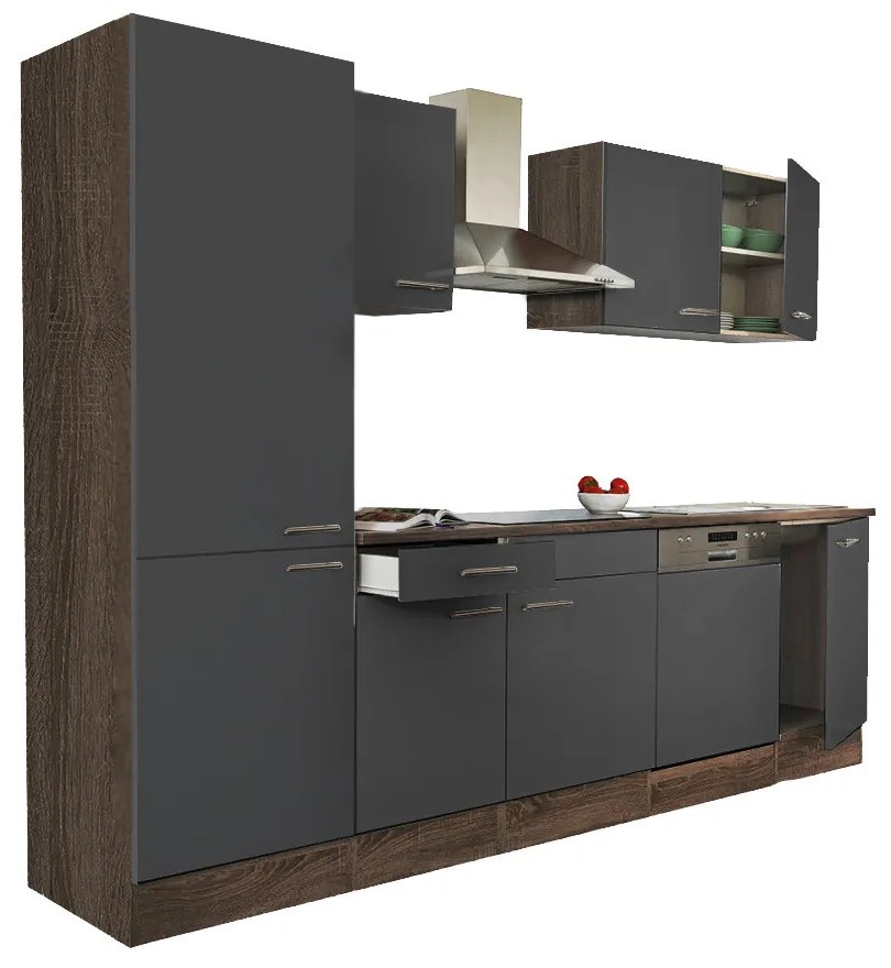 Mobilă de bucătărie Yorki 280, corp stejar Yorki, față antracit satinat, cu dulap cu raft
