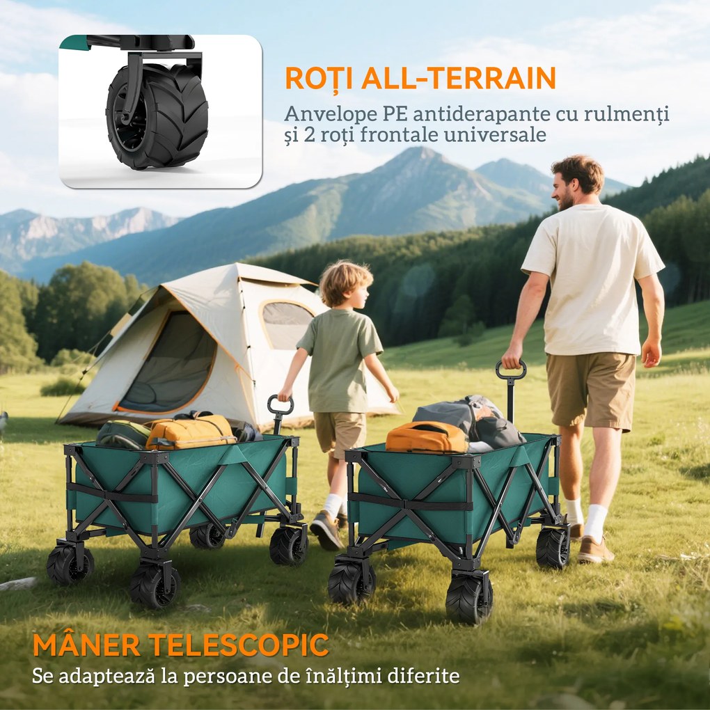 Outsunny Cărucior de Grădină cu Mâner Telescopic, Cărucior pentru Transport Obiecte până la 70 kg, 108x55 cm, Verde | Aosom Romania
